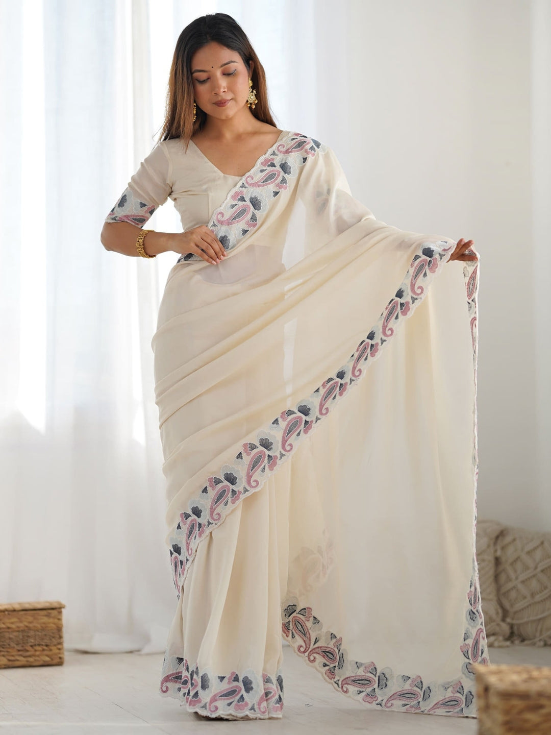 Urban Pallu Embroidered Poly Georgette Festive Saree