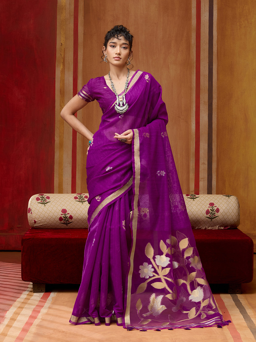 Urban Pallu Striped Silk Cotton Work Saree