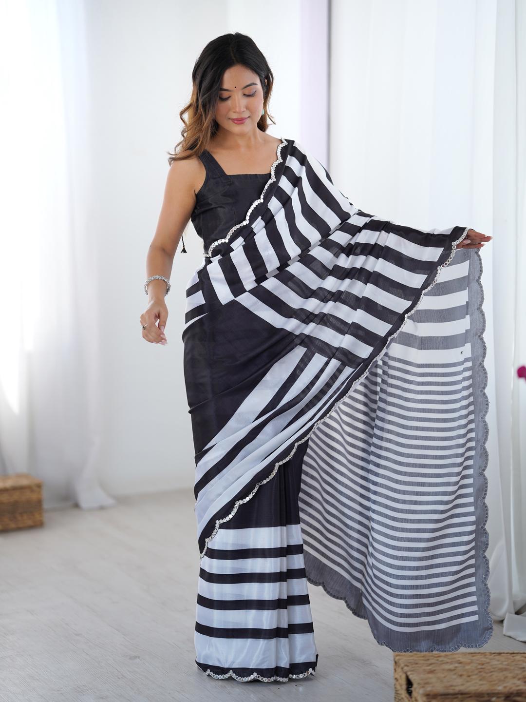 Urban Pallu Striped Sequinned Silk Blend Fusion Saree