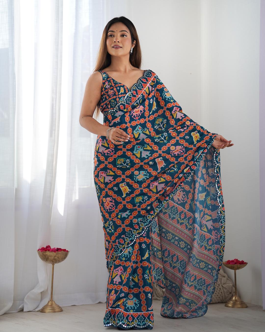 Urban Pallu Ethnic Motifs Mirror Work Silk Blend Saree