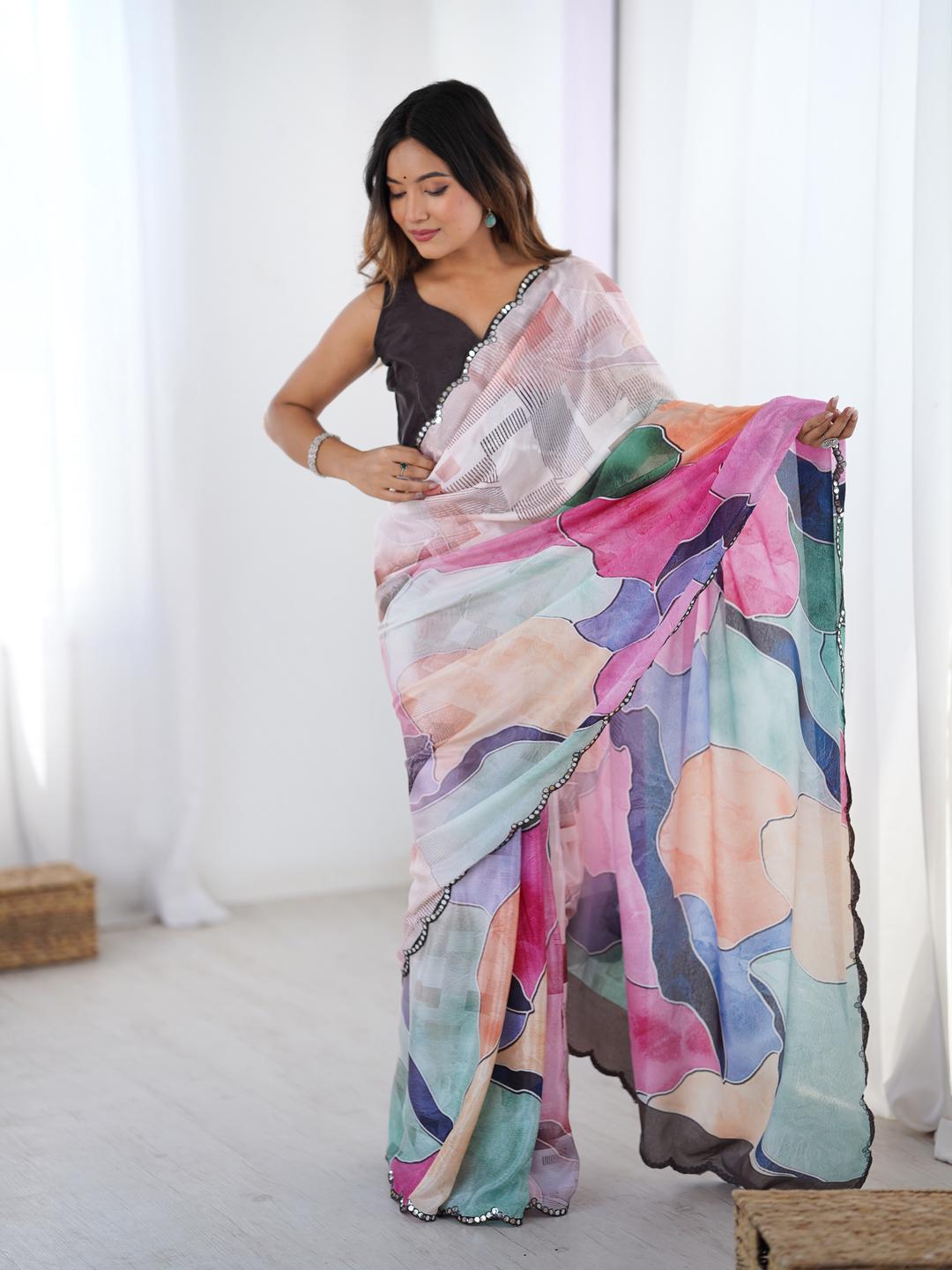 Urban Pallu Mirror Work Silk Blend Designer Saree