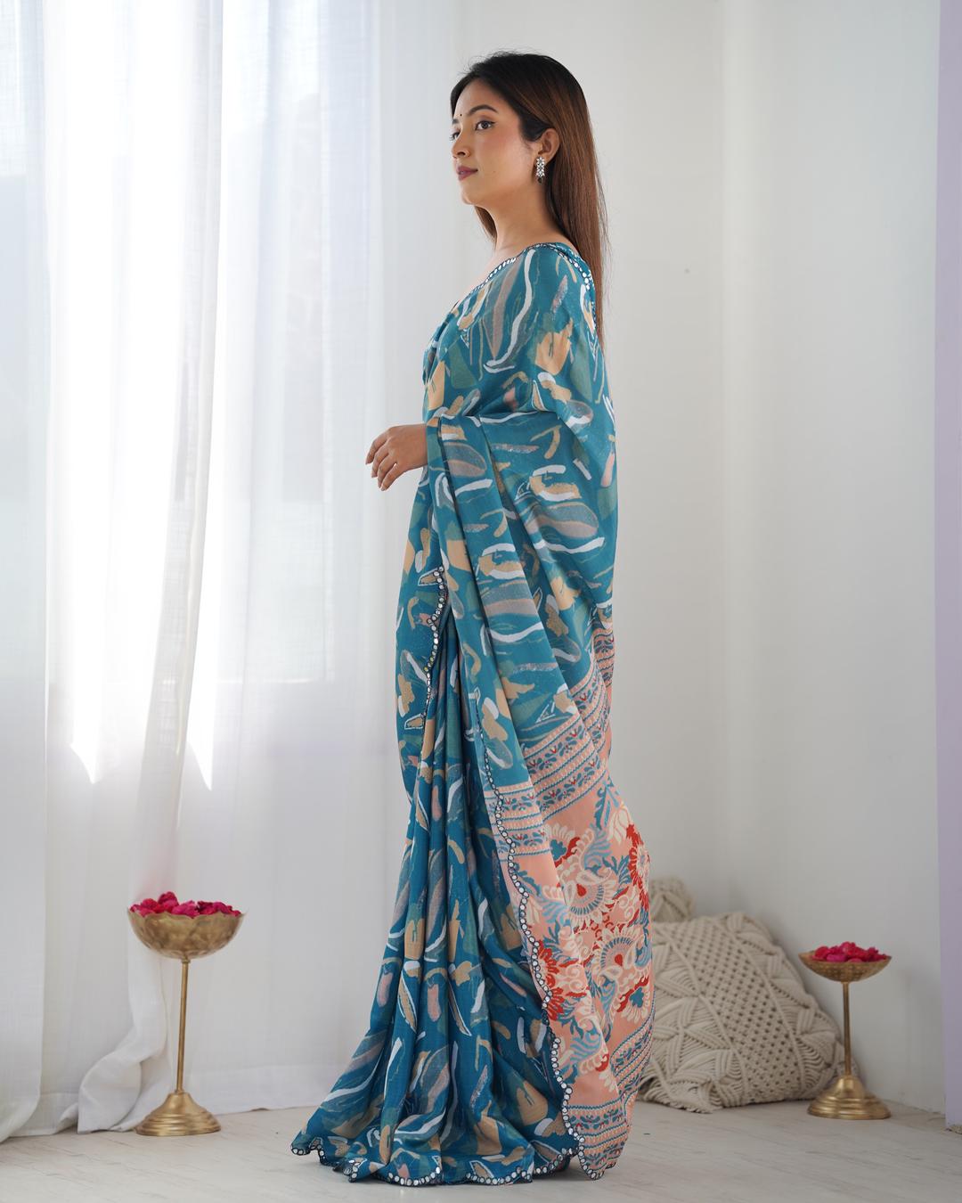 Urban Pallu Mirror Work Silk Blend Saree