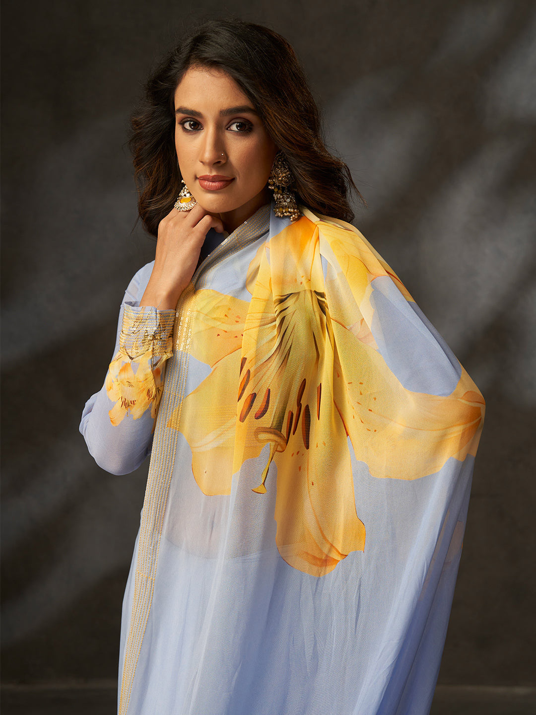 Urban Pallu Floral Sequinned Poly Georgette Designer Saree