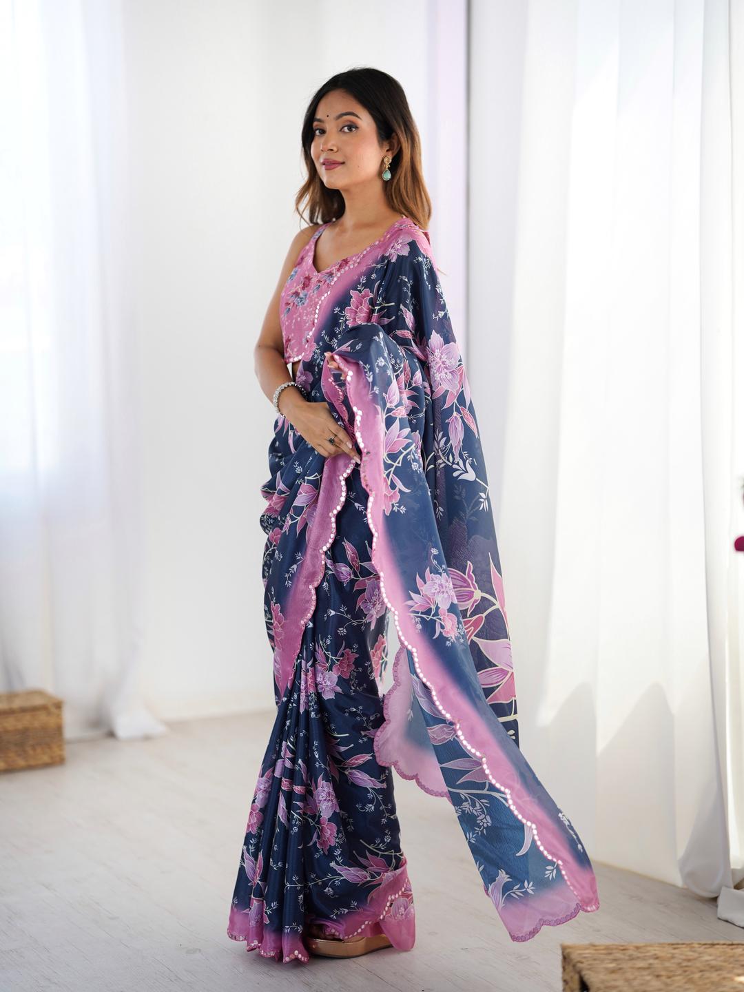 Urban Pallu Floral Sequinned Silk Blend Fusion Saree
