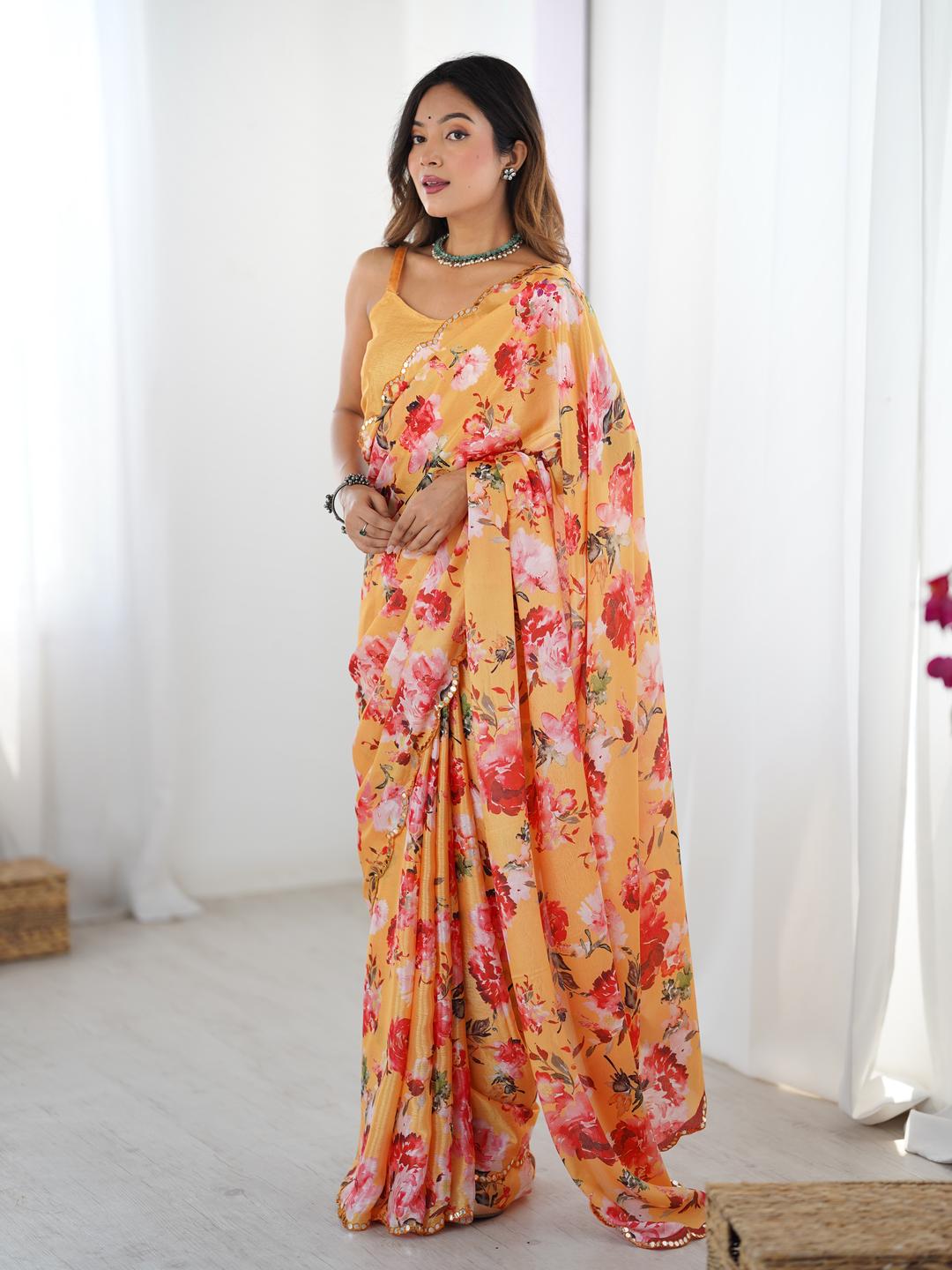Urban Pallu Floral Sequinned Silk Blend Fusion Saree