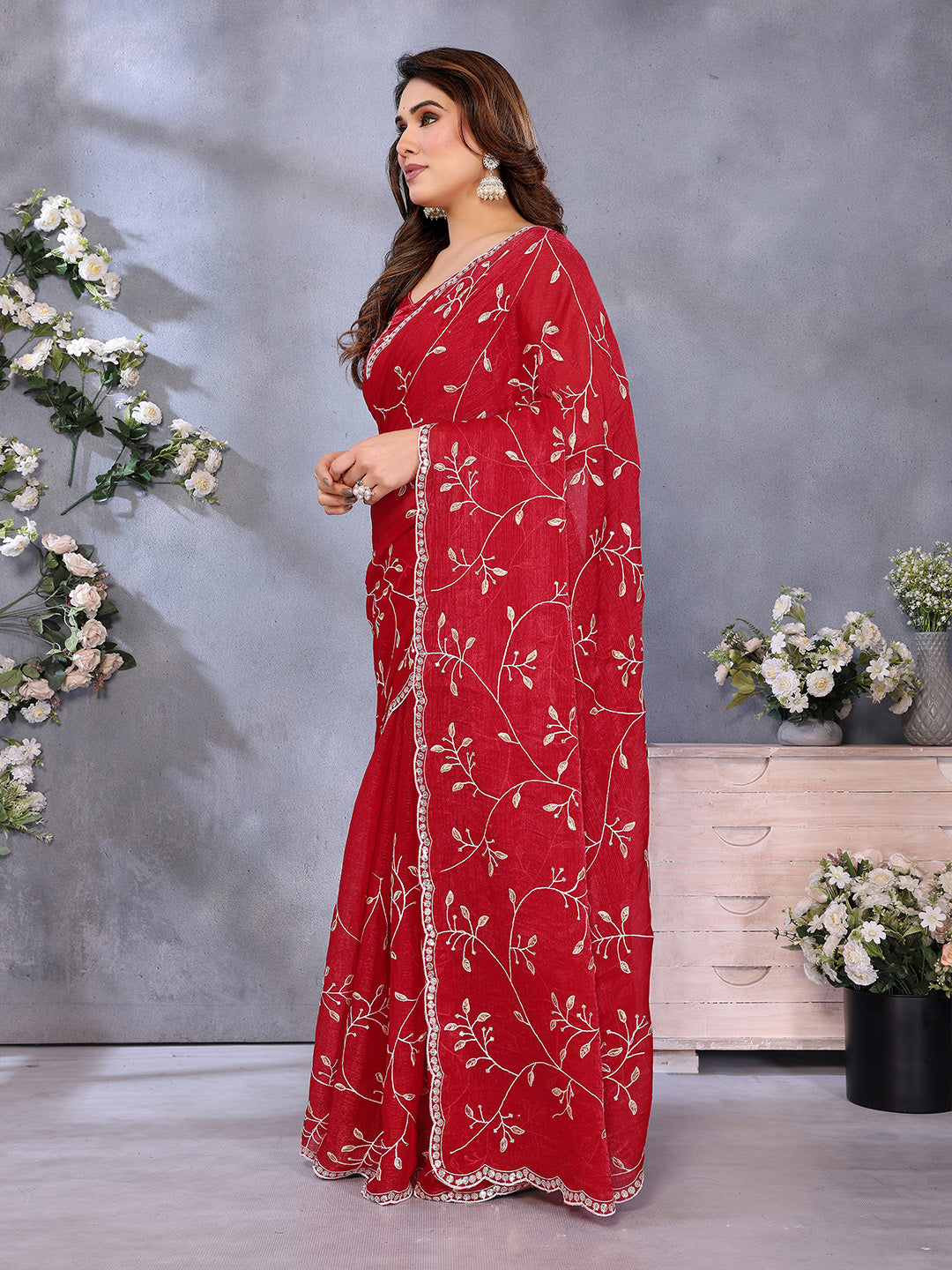Urban Pallu Embellished Embroidered Pure Chiffon Heavy Work Saree