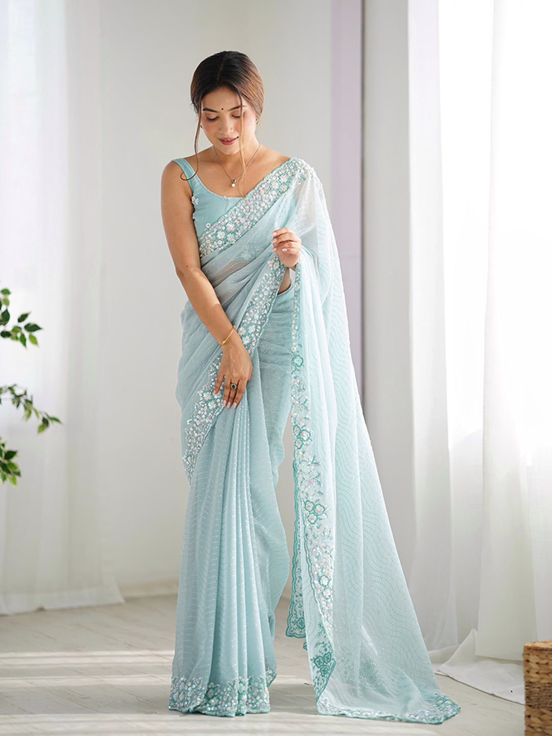 Urban Pallu Embroidered Poly Georgette Festive Saree