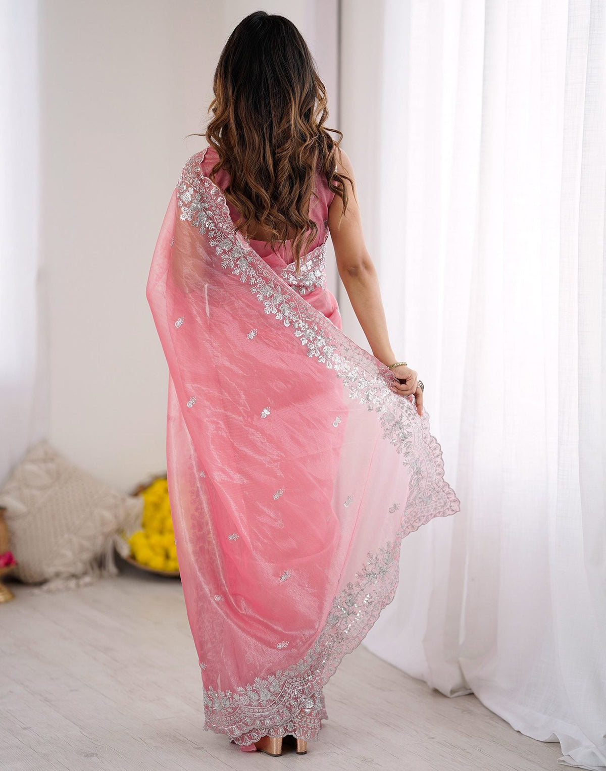 Urban Pallu Solid Organza Festive Saree