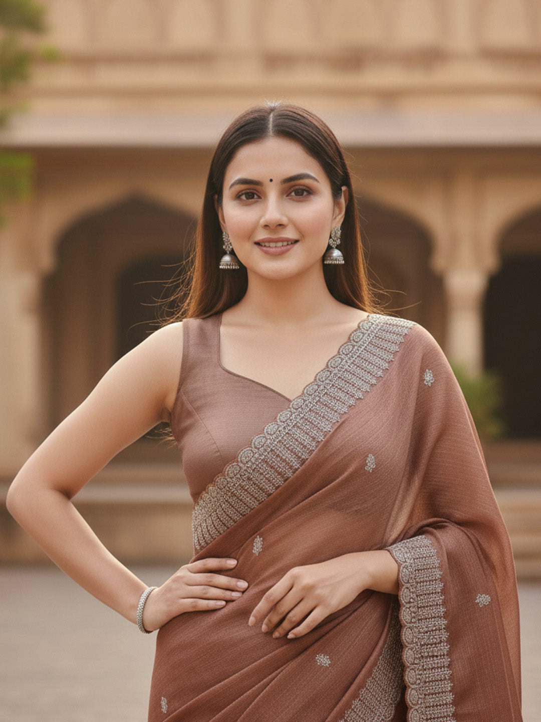 Urban Pallu Floral Sequinned Silk Blend Fusion Saree