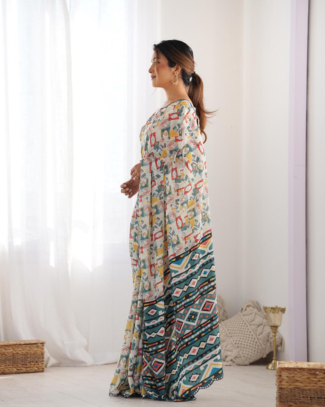 Urban Pallu Mirror Work Silk Blend Fusion Saree