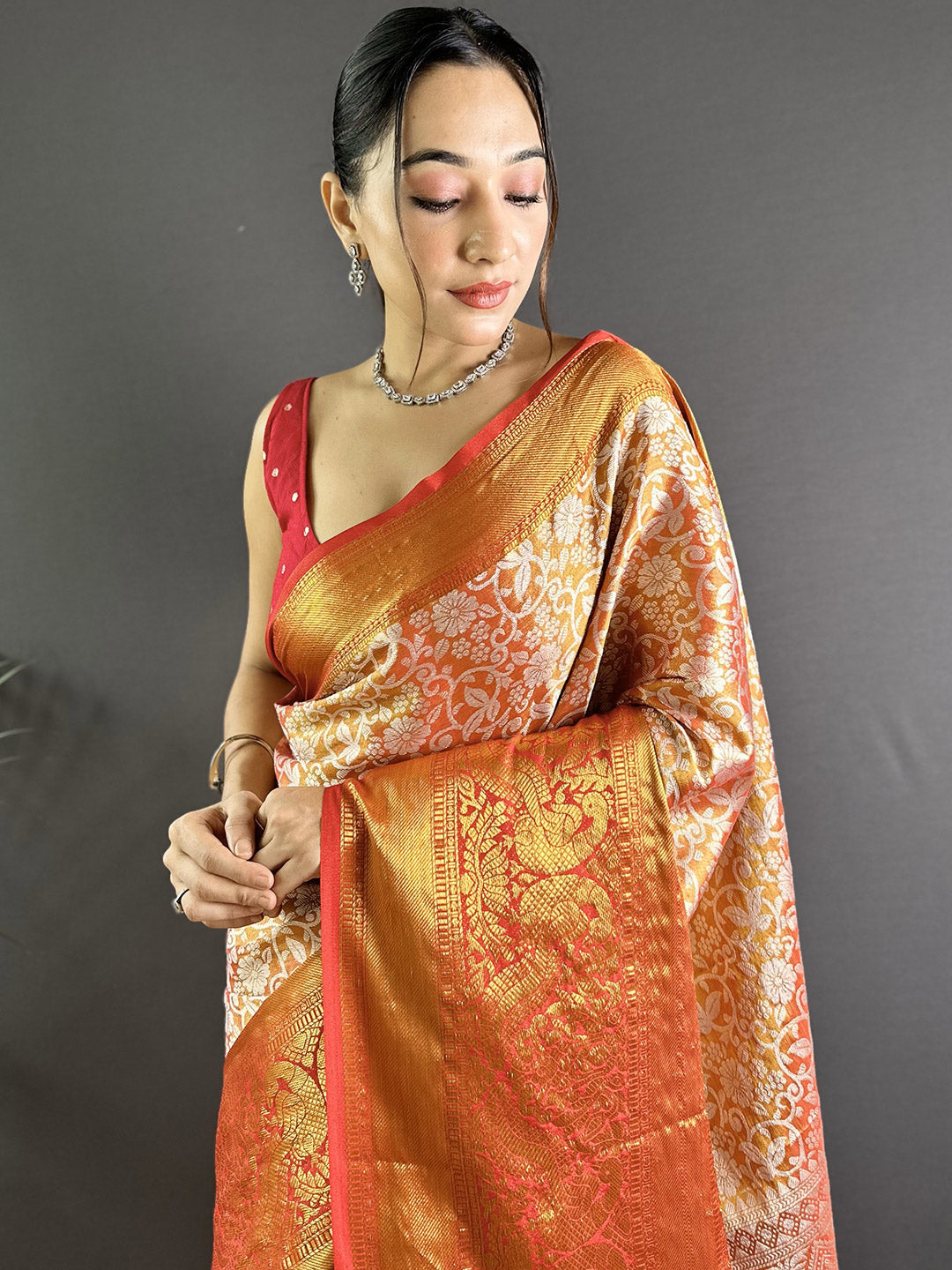 Urban Pallu Floral Sequinned Silk Blend Fusion Saree