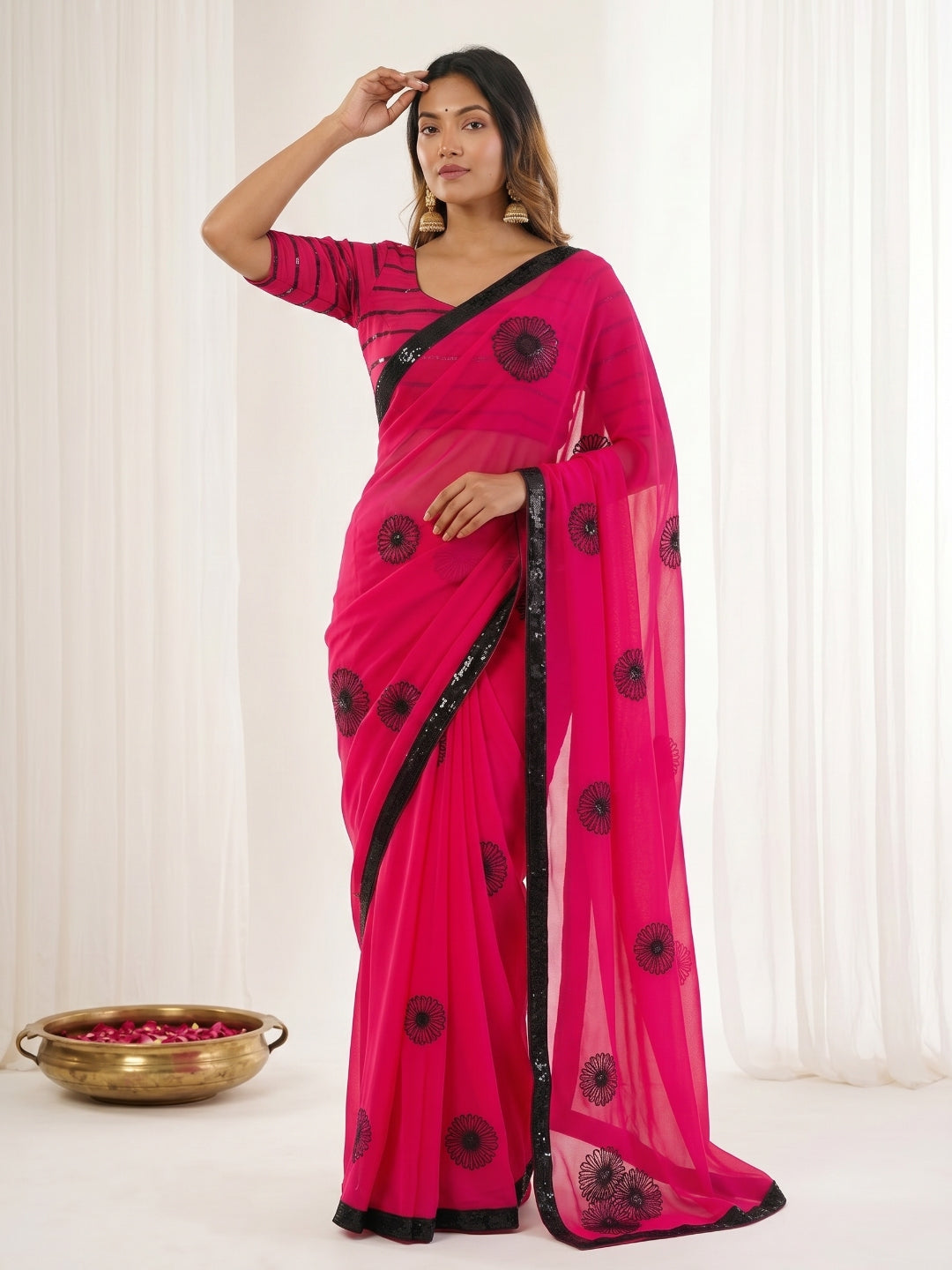 Urban Pallu Embroidered Poly Georgette Festive Saree