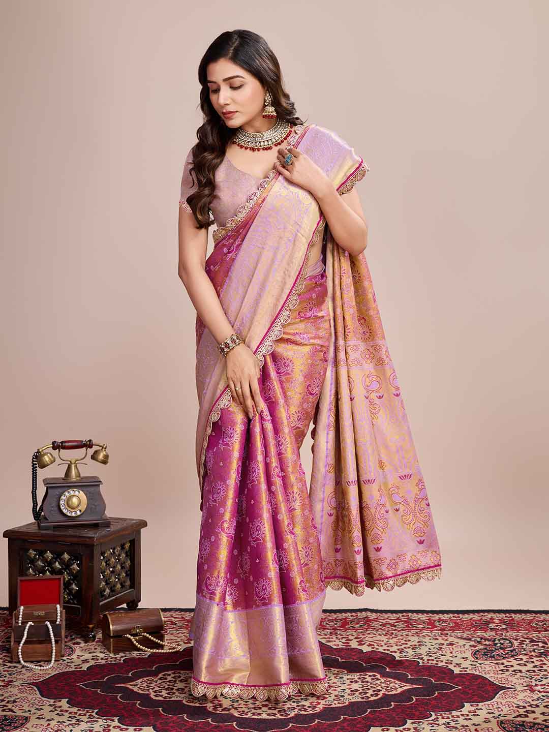 Urban Pallu Floral Sequinned Silk Blend Fusion Saree