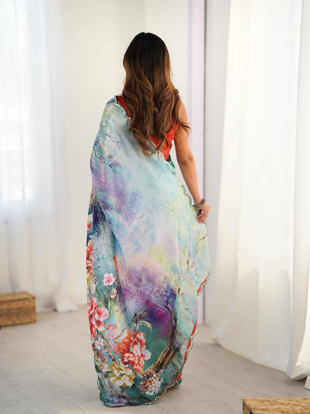 Urban Pallu Floral Sequinned Silk Blend Saree