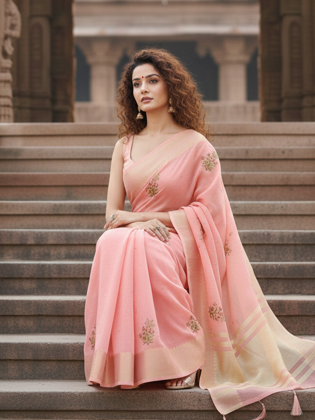 Urban Pallu Floral Sequinned Silk Blend Fusion Saree
