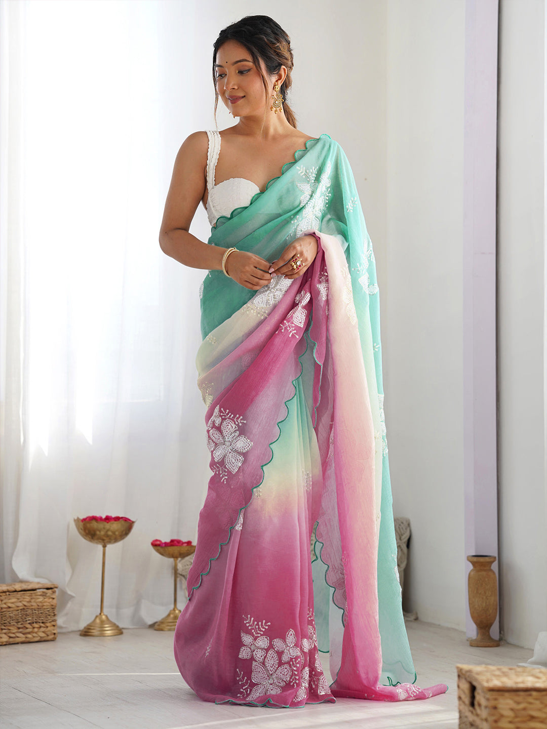Urban Pallu Floral Embroidered Poly Chiffon Saree