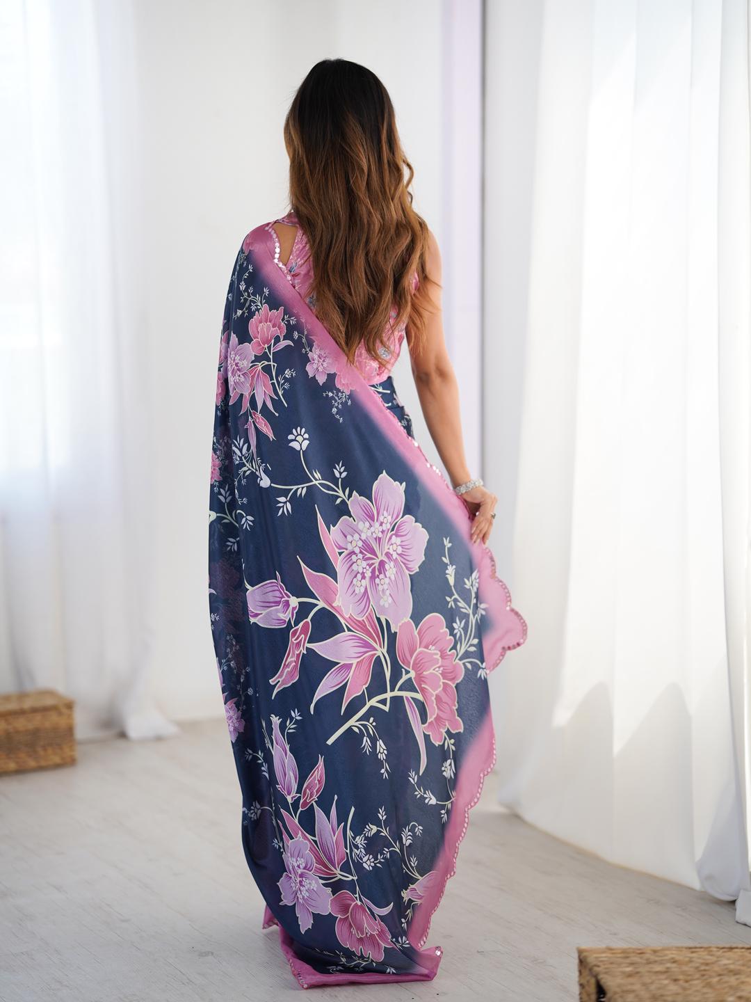 Urban Pallu Floral Sequinned Silk Blend Fusion Saree