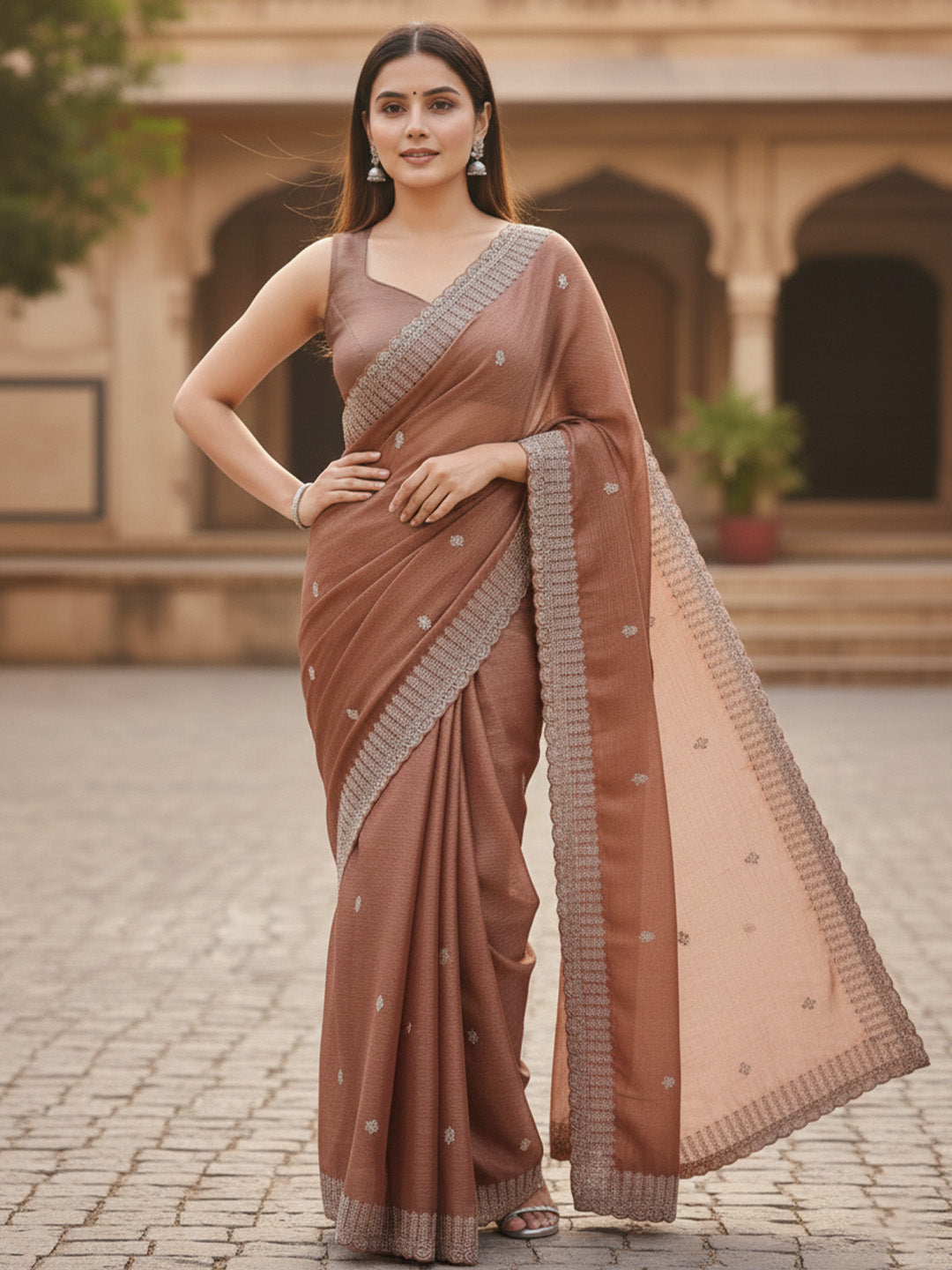 Urban Pallu Floral Sequinned Silk Blend Fusion Saree