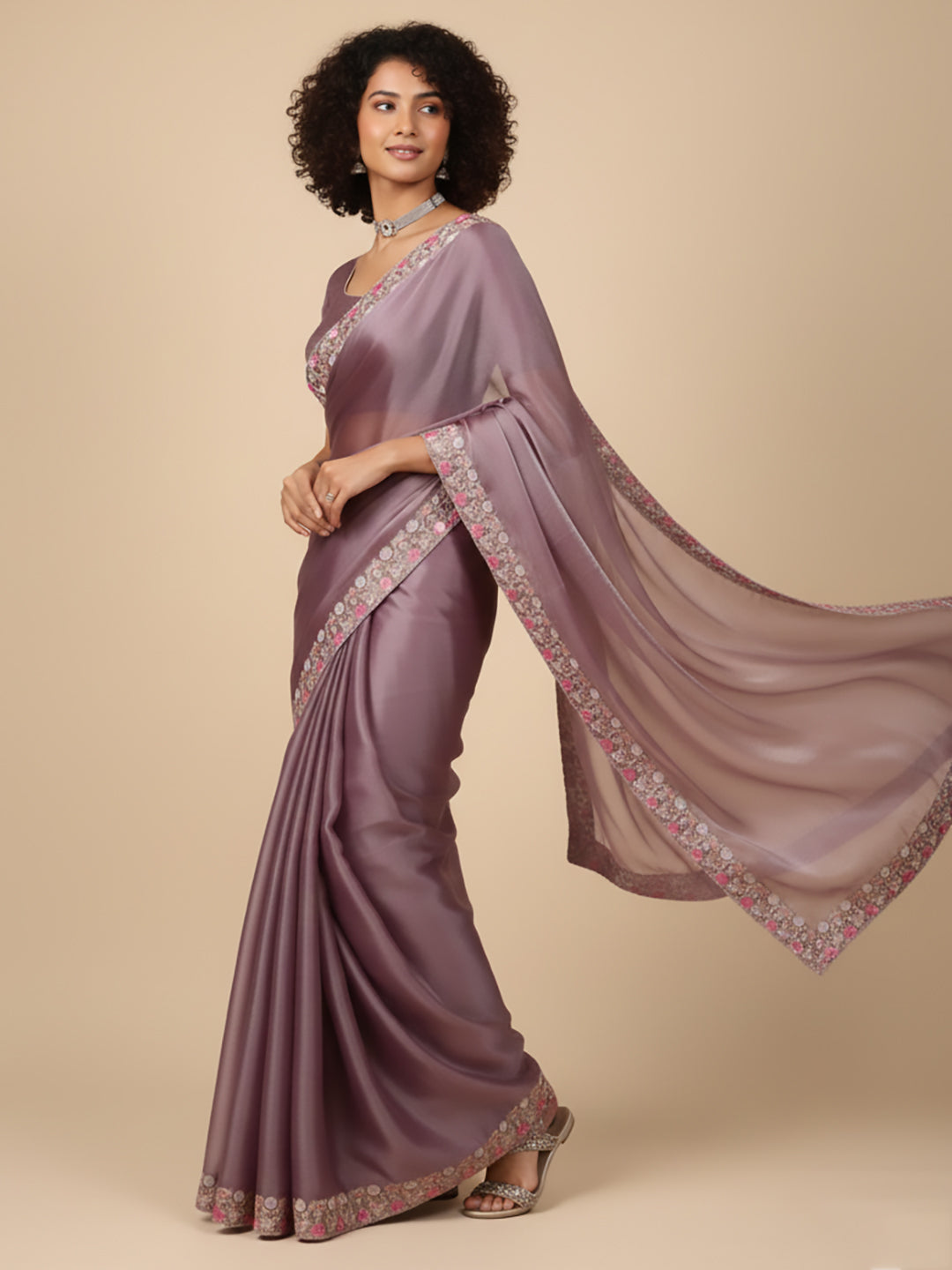 Urban Pallu Floral Sequinned Silk Blend Fusion Saree