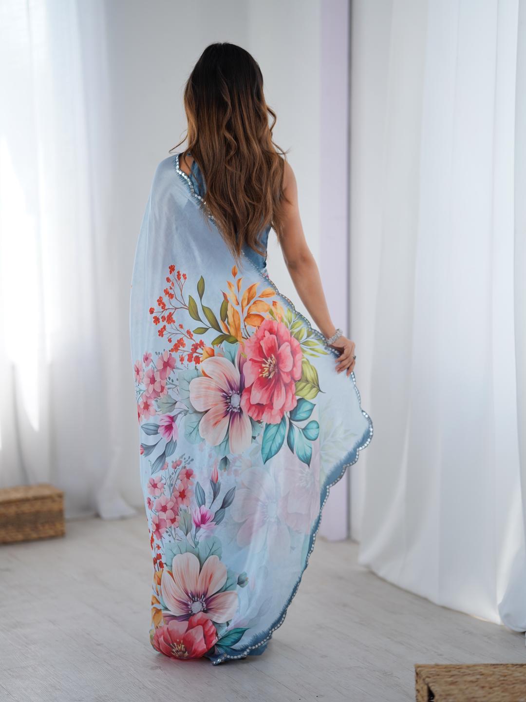 Urban Pallu Floral Sequinned Silk Blend Saree