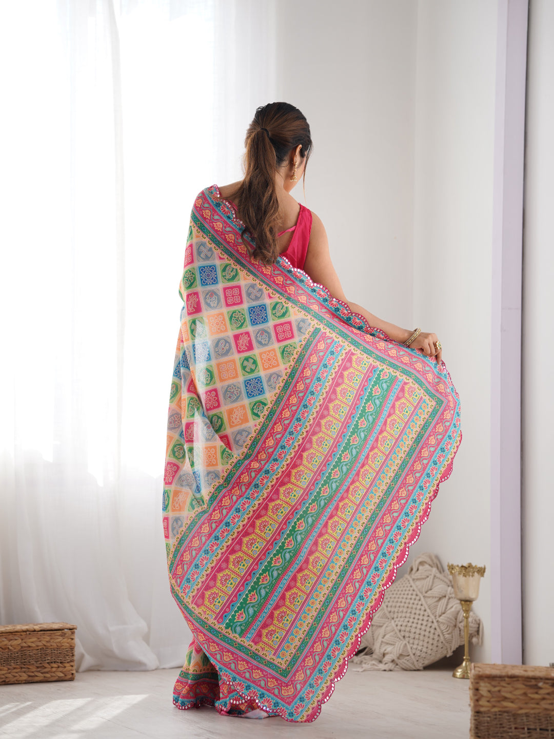 Urban Pallu Ethnic Motifs Mirror Work Silk Blend Saree