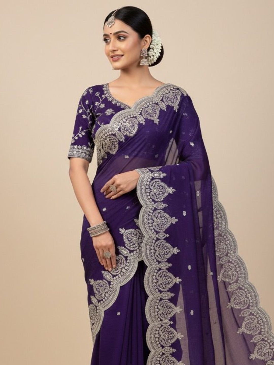 Urban Pallu Embroidered Poly Georgette Festive Saree