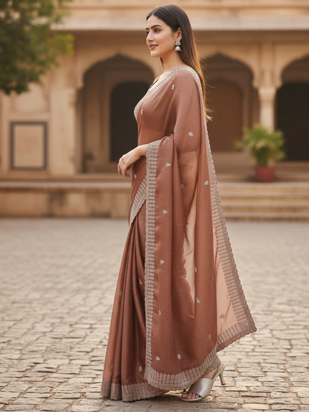 Urban Pallu Floral Sequinned Silk Blend Fusion Saree