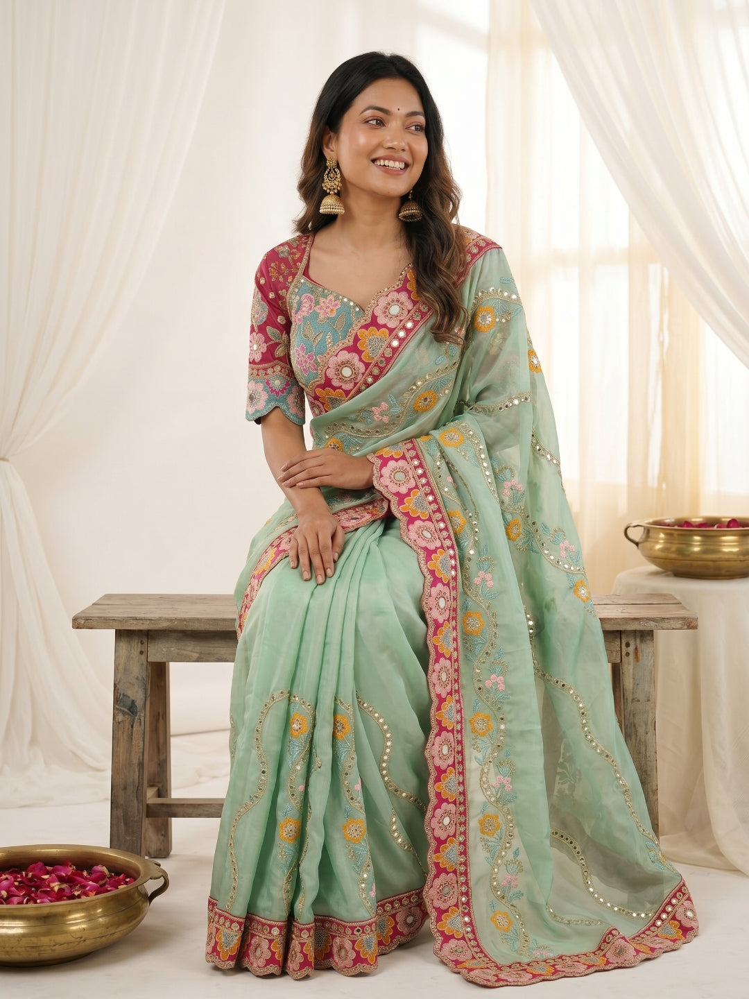 Urban Pallu Embroidered Silk Blend Festive Saree