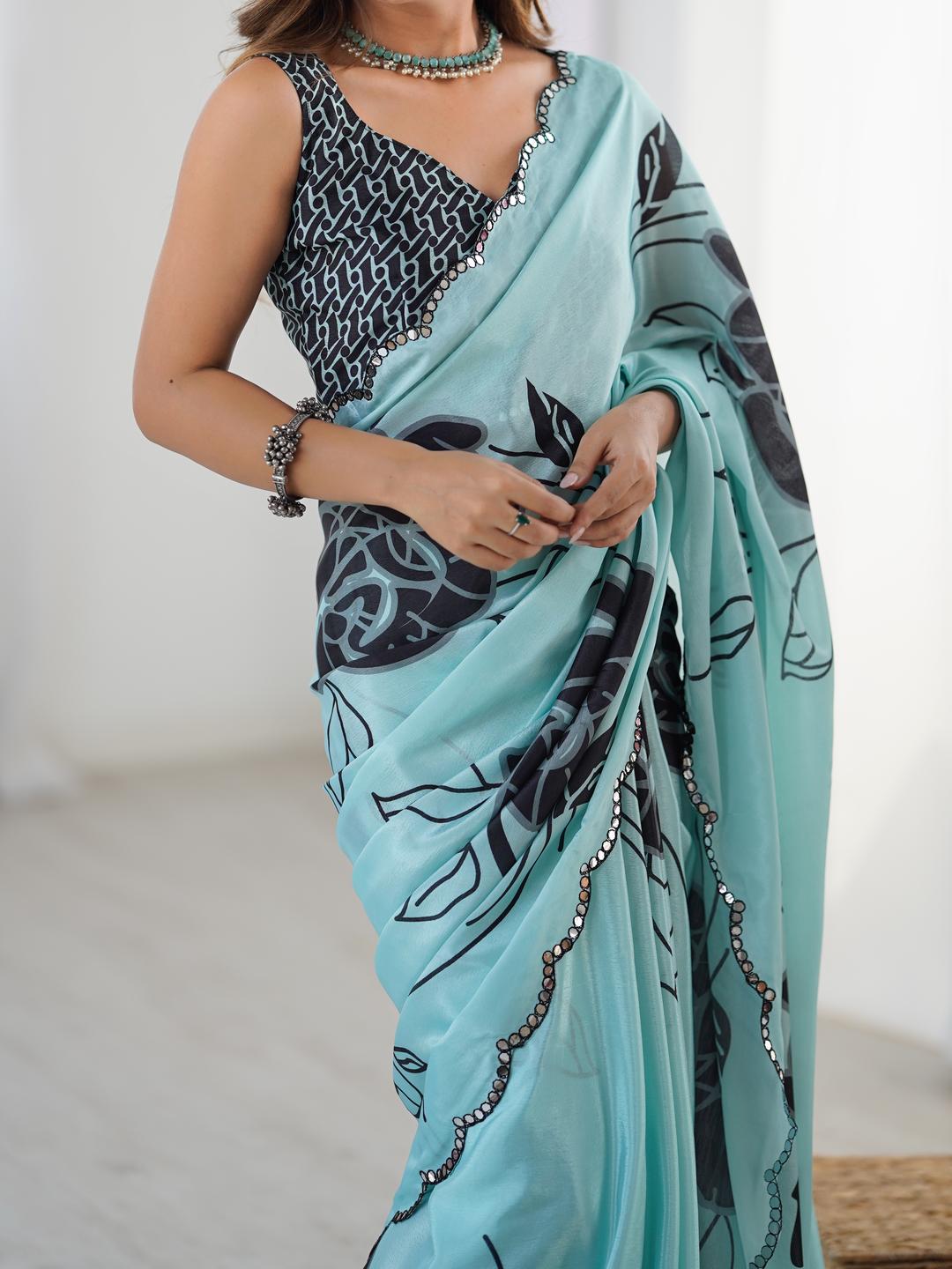 Urban Pallu Floral Mirror Work Silk Blend Saree