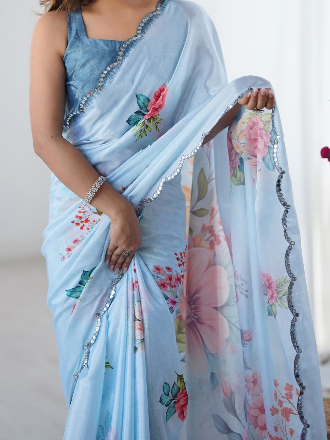 Urban Pallu Floral Sequinned Silk Blend Saree
