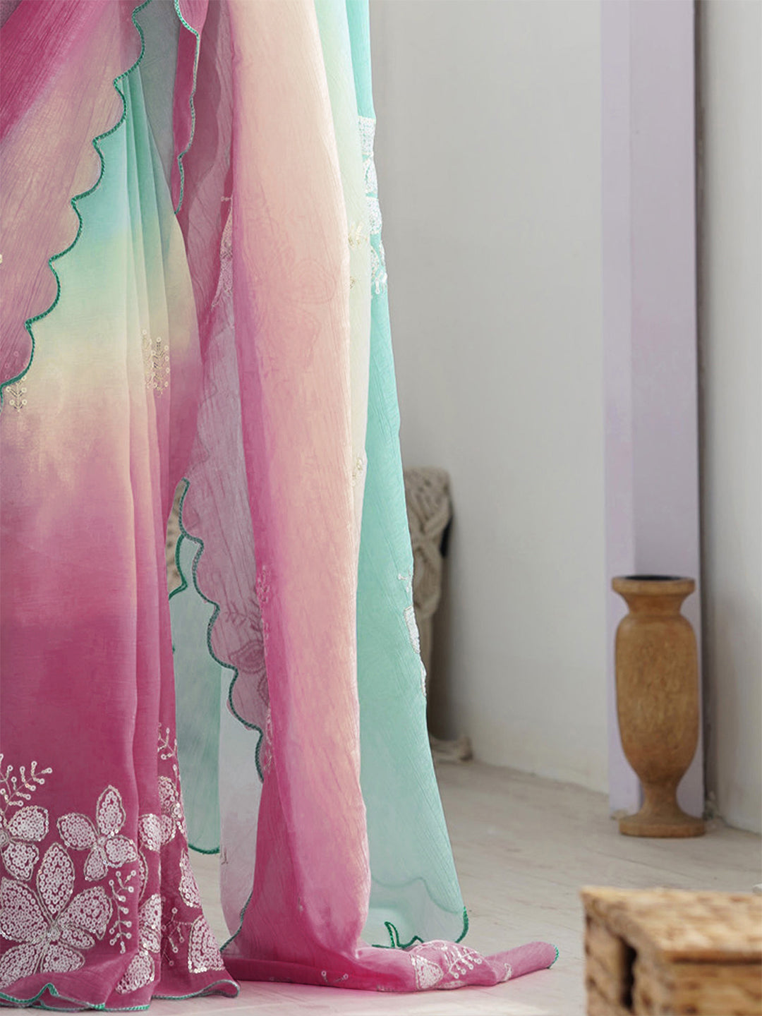 Urban Pallu Floral Embroidered Poly Chiffon Saree