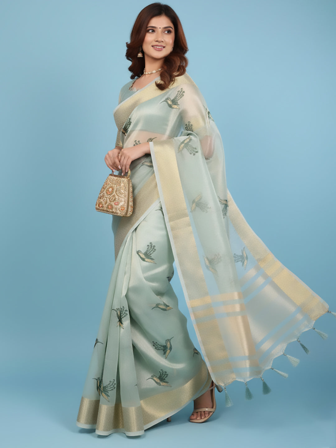 Urban Pallu Floral Sequinned Silk Blend Fusion Saree