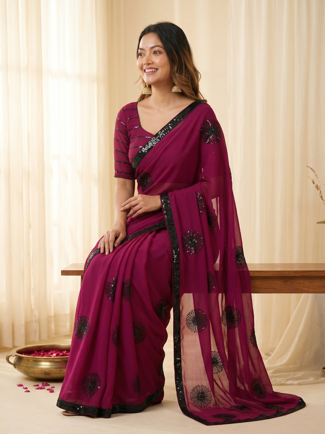 Urban Pallu Embroidered Poly Georgette Festive Saree