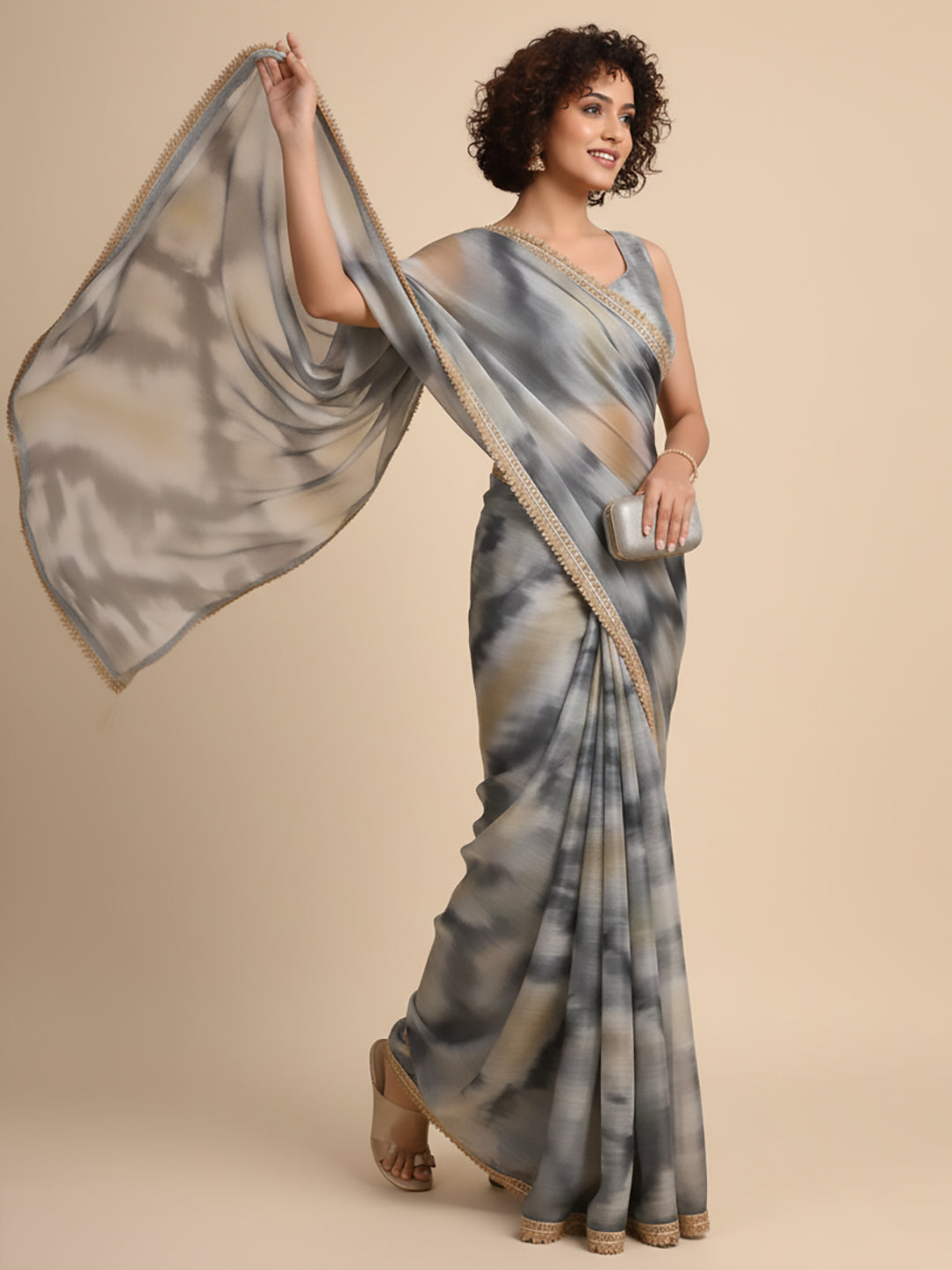 Urban Pallu Floral Sequinned Silk Blend Fusion Saree