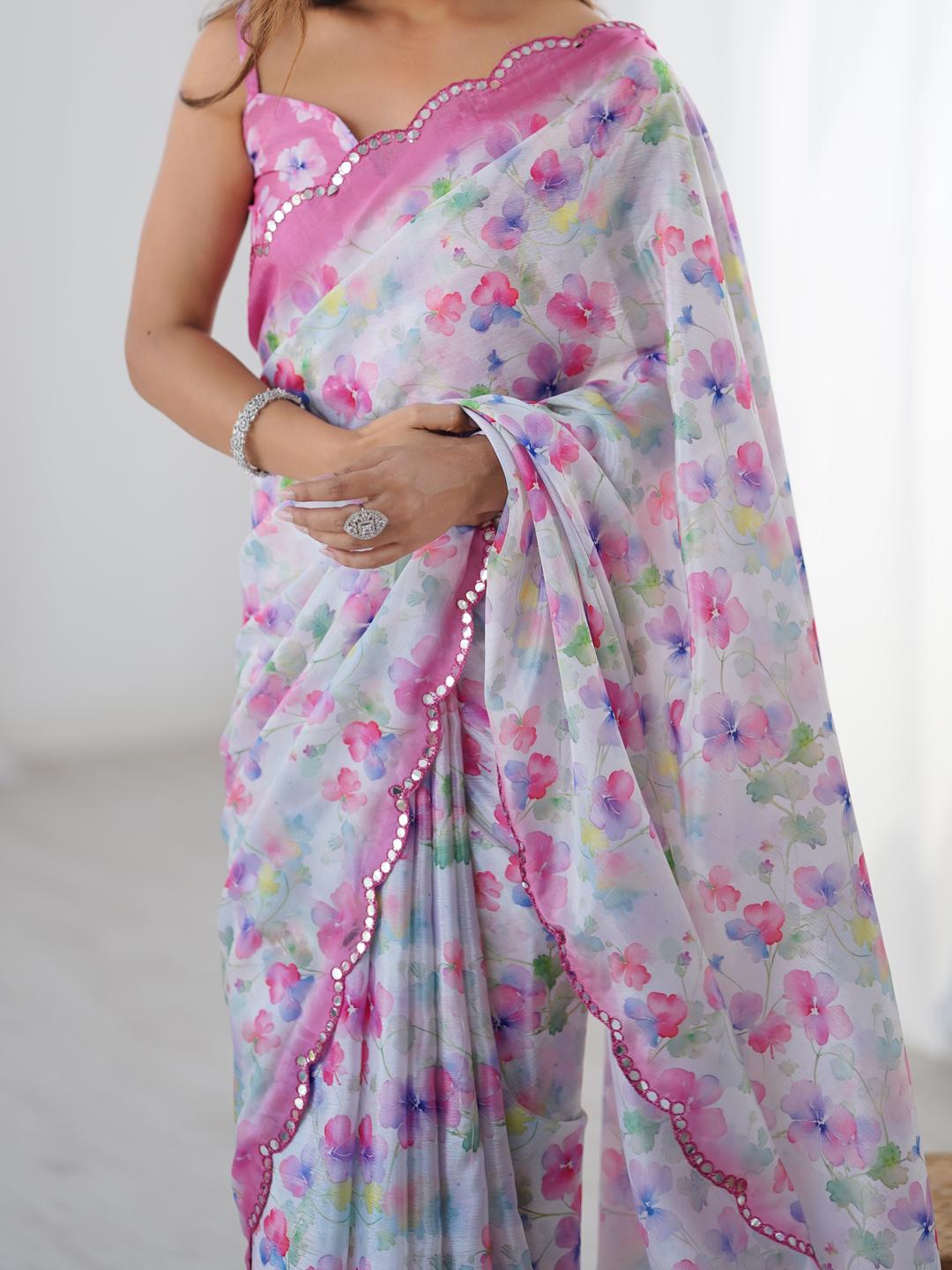 Urban Pallu Floral Mirror Work Silk Blend Saree