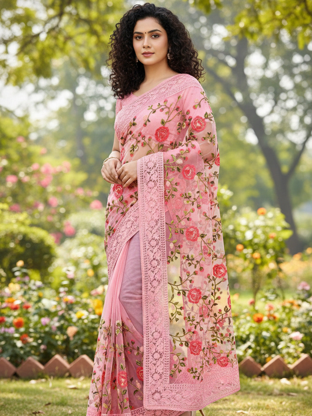 Urban Pallu Floral Sequinned Silk Blend Fusion Saree