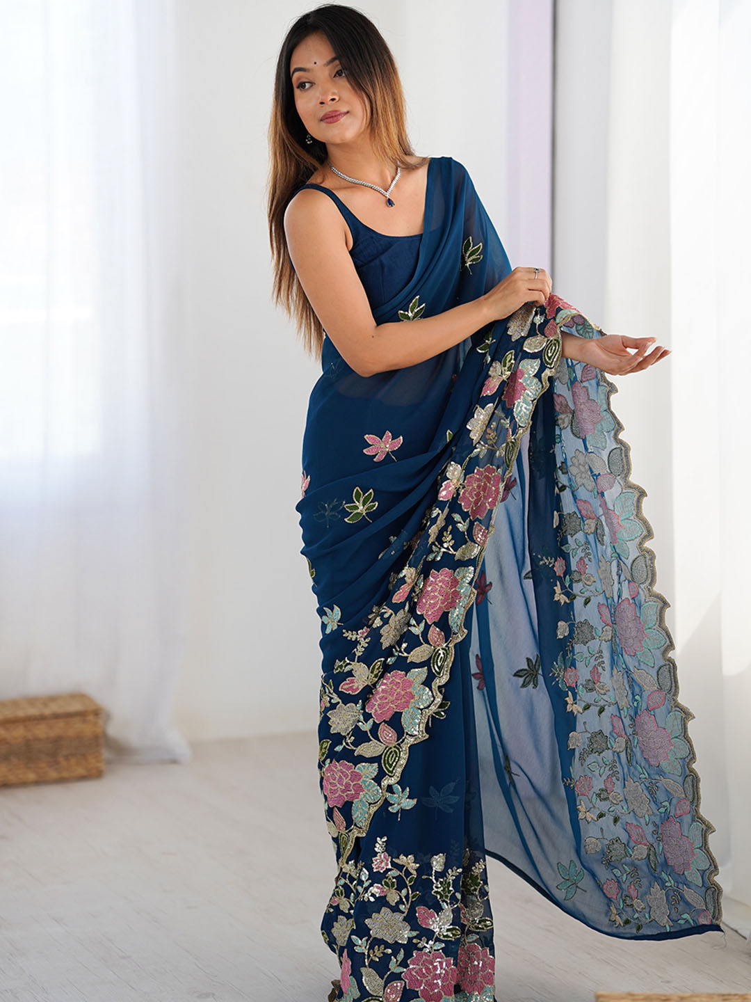 Urban Pallu Floral Sequinned Poly Georgette Heavy Work Saree