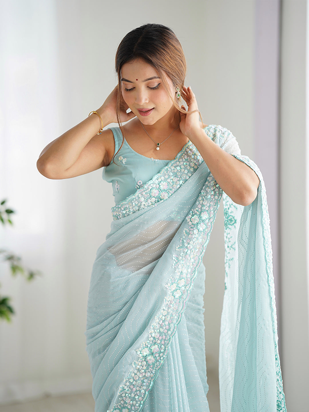 Urban Pallu Embroidered Poly Georgette Festive Saree