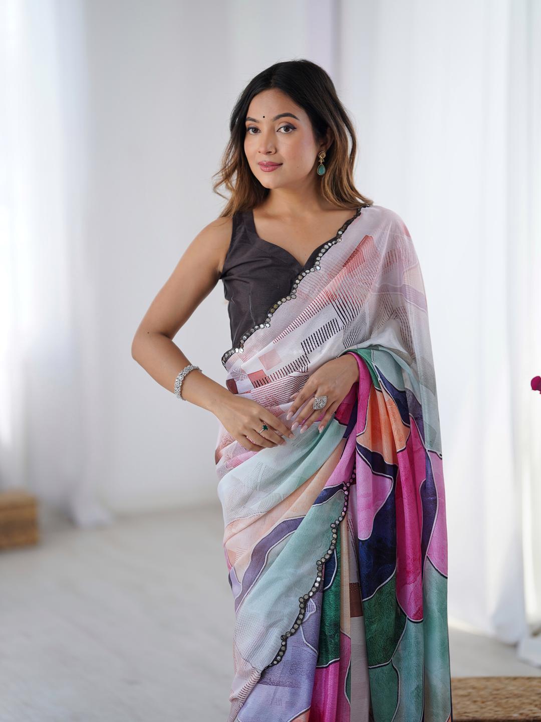 Urban Pallu Mirror Work Silk Blend Designer Saree