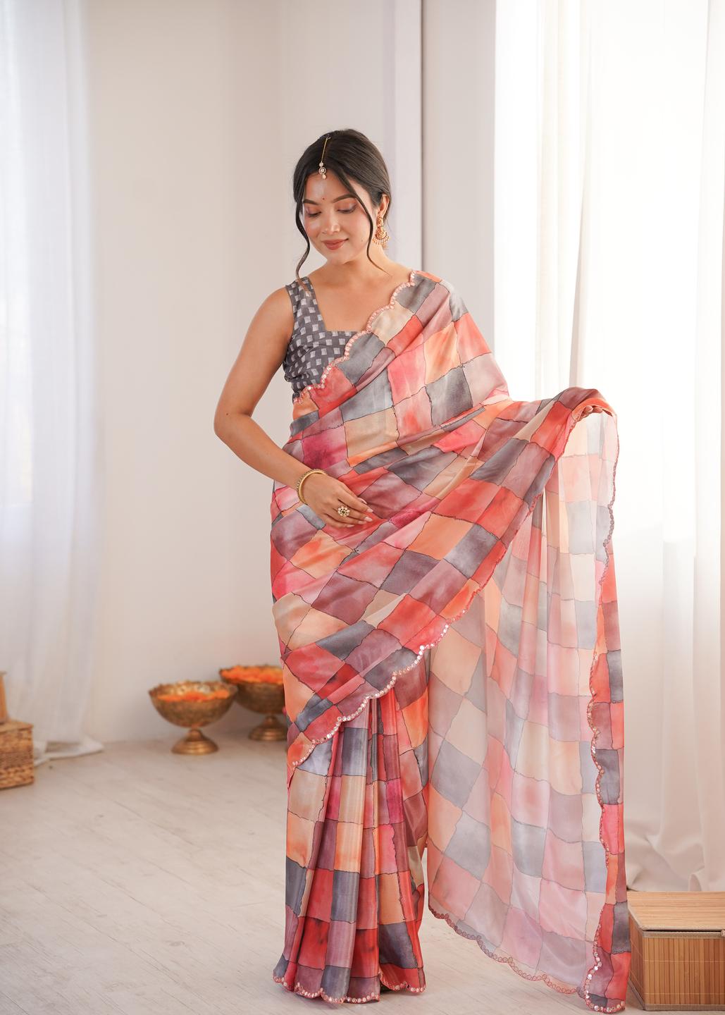 Urban Pallu Mirror Work Silk Blend Fusion Saree