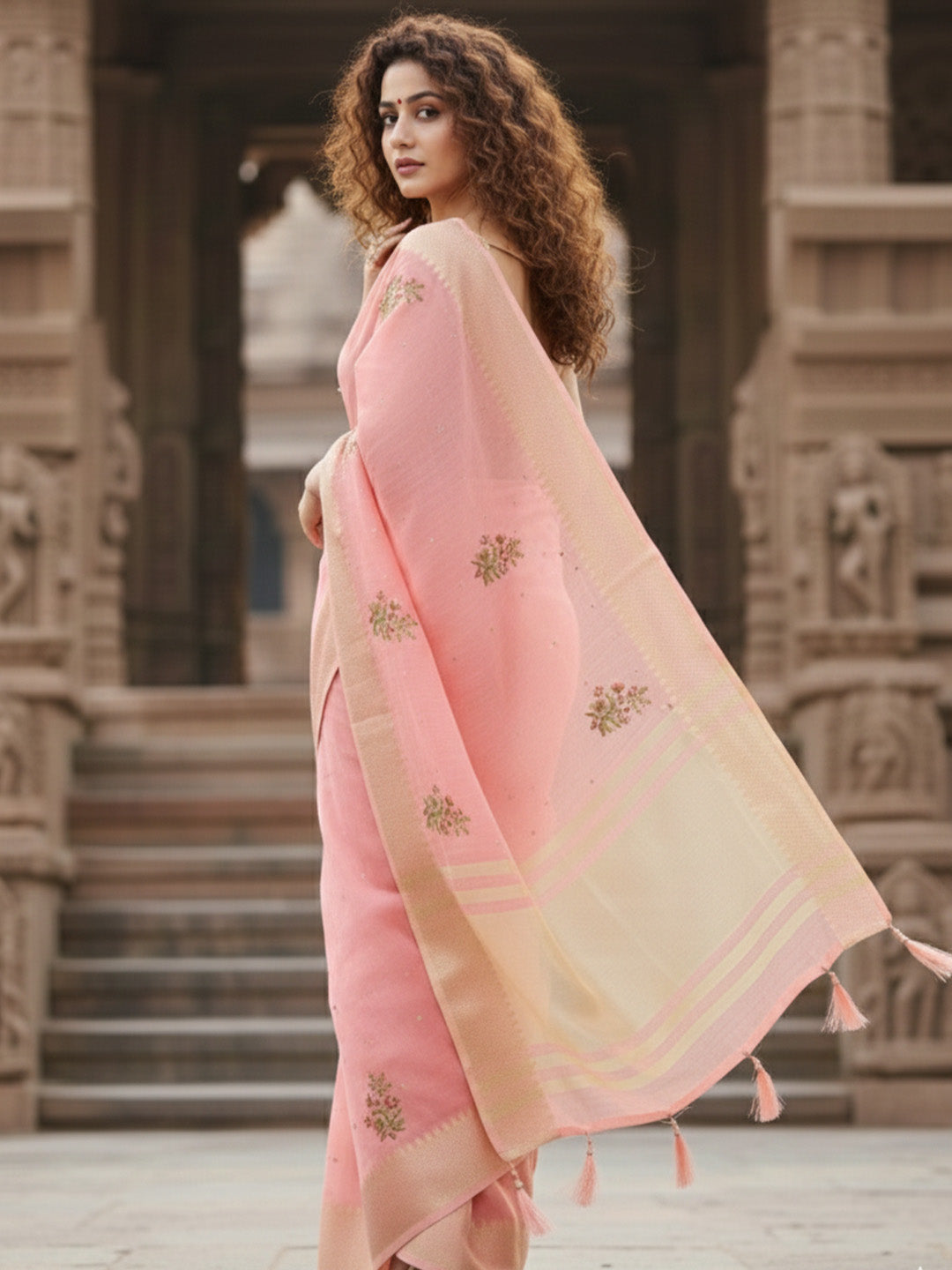 Urban Pallu Floral Sequinned Silk Blend Fusion Saree