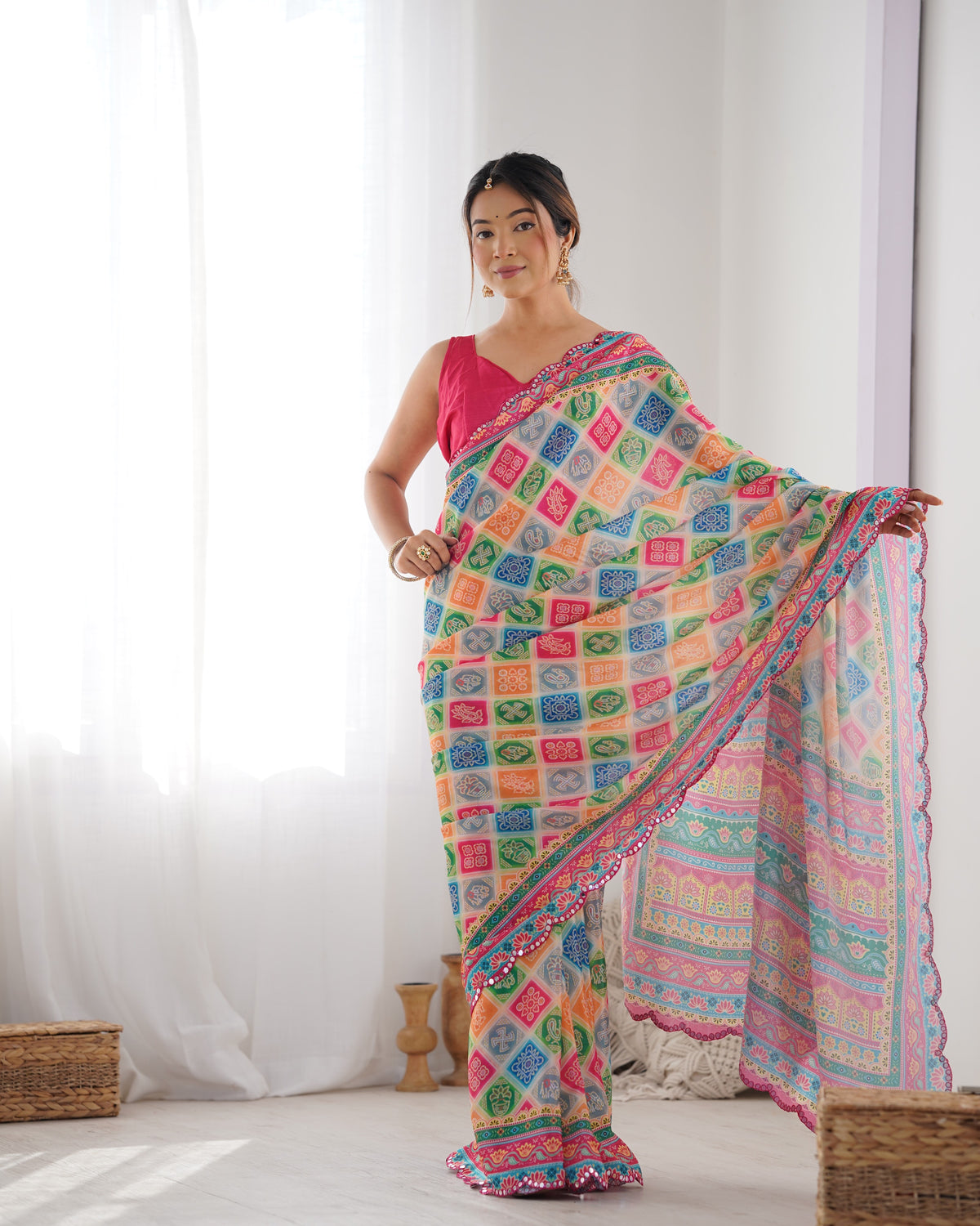 Urban Pallu Ethnic Motifs Mirror Work Silk Blend Saree