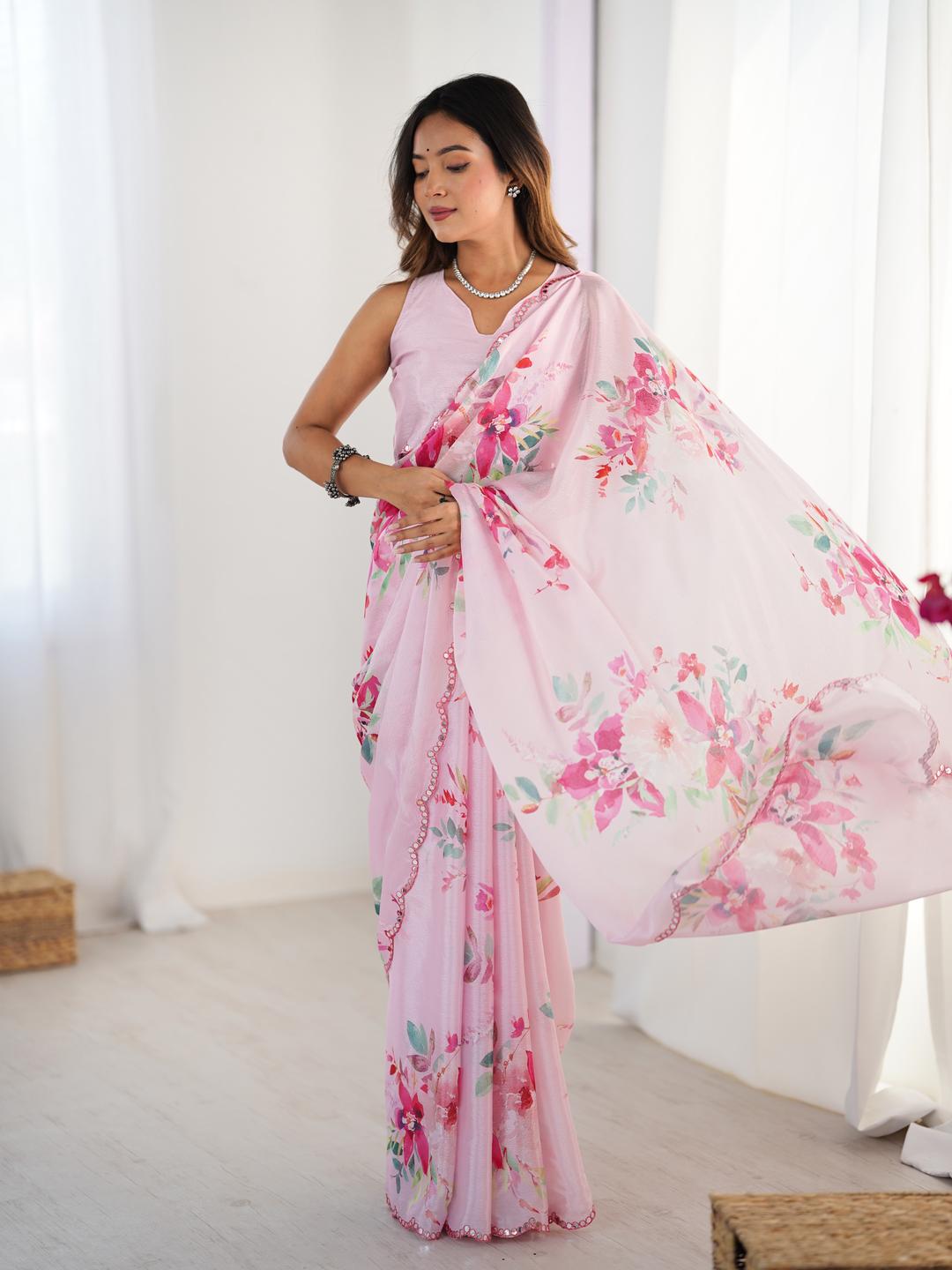 Urban Pallu Floral Sequinned Silk Blend Saree