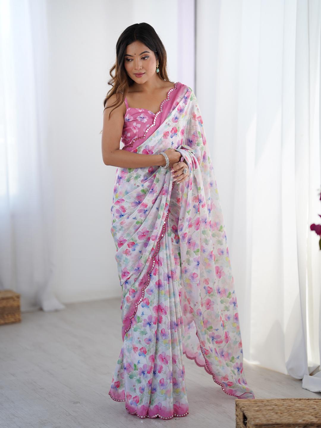 Urban Pallu Floral Mirror Work Silk Blend Saree