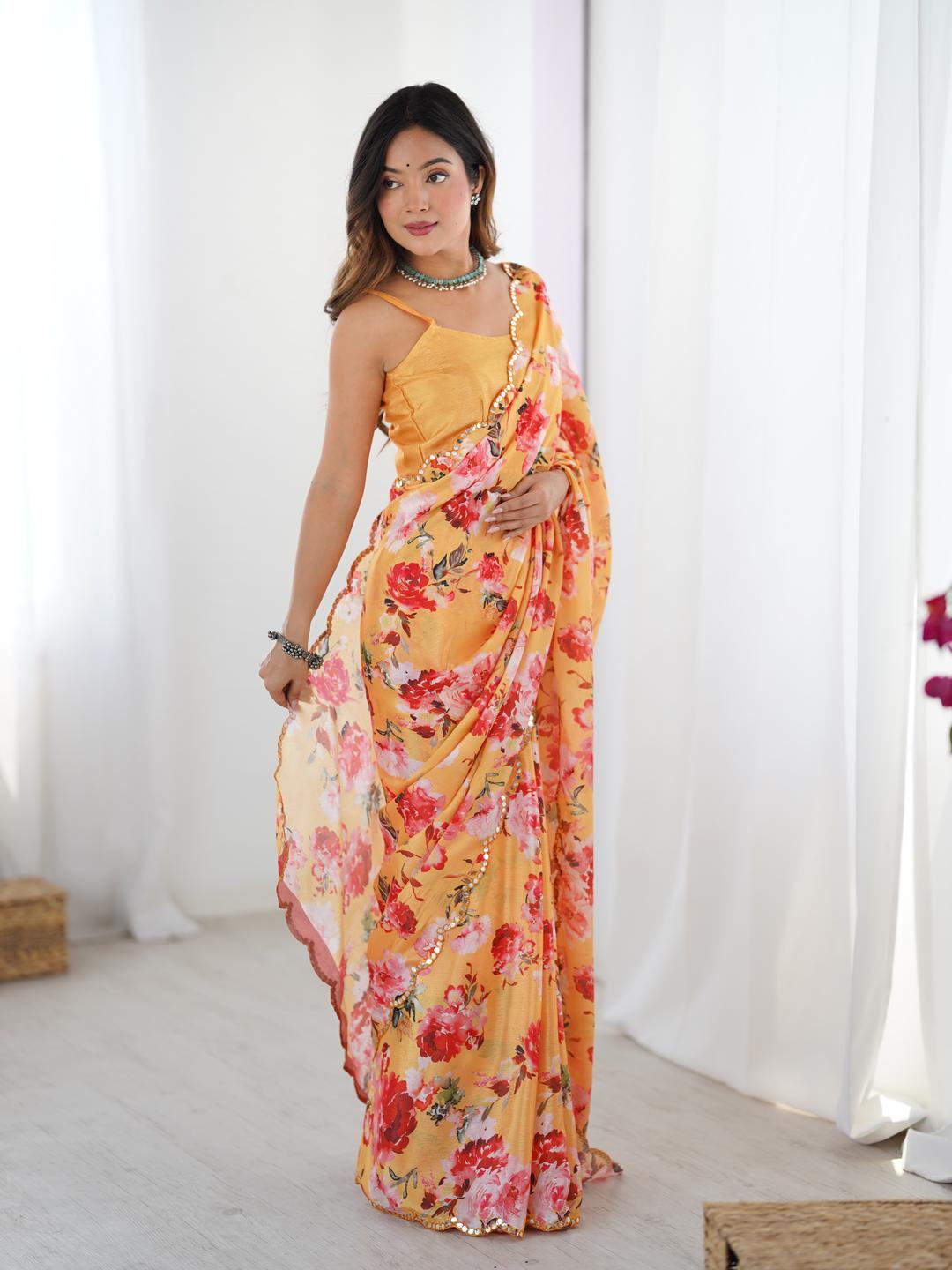 Urban Pallu Floral Sequinned Silk Blend Fusion Saree