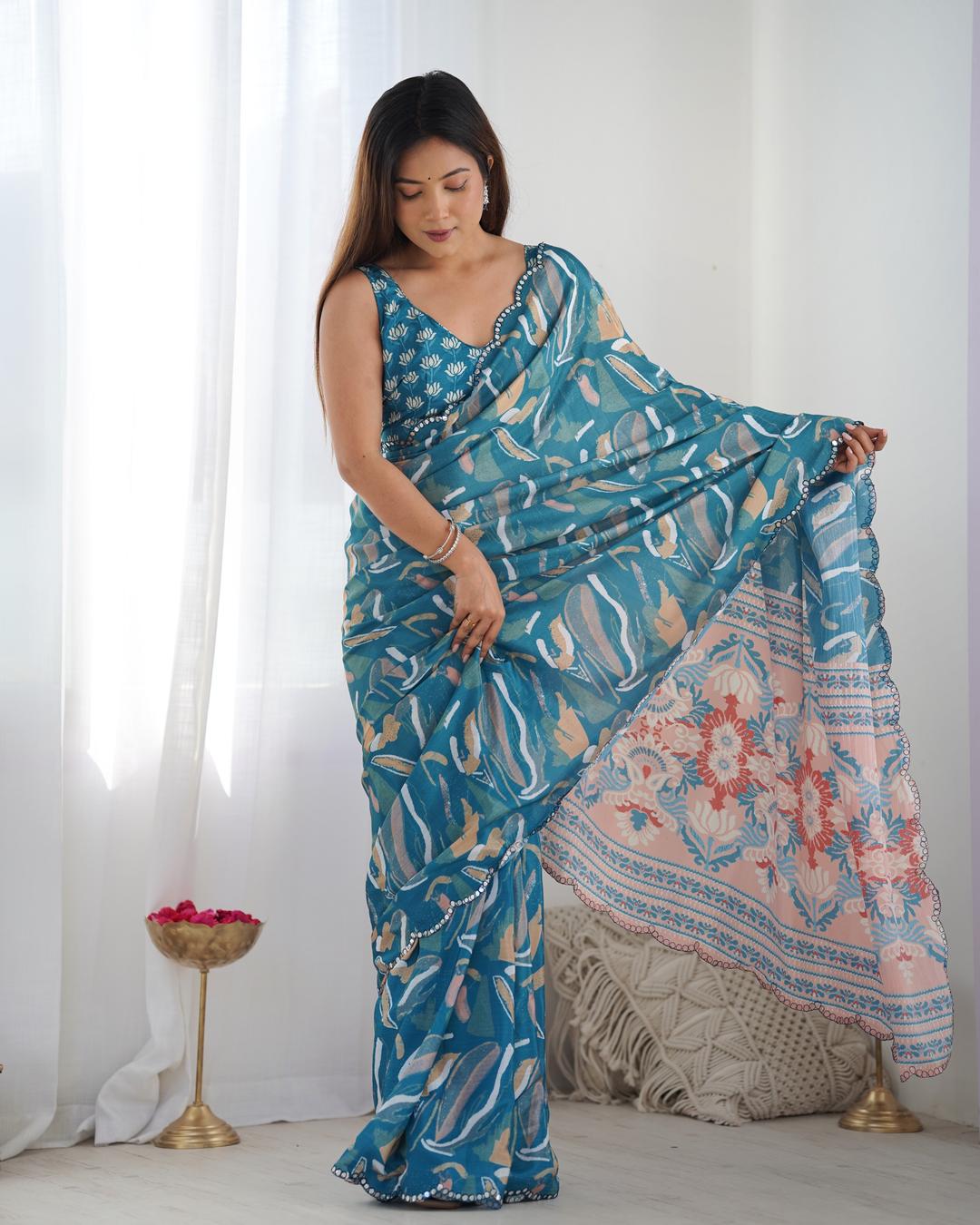 Urban Pallu Mirror Work Silk Blend Saree