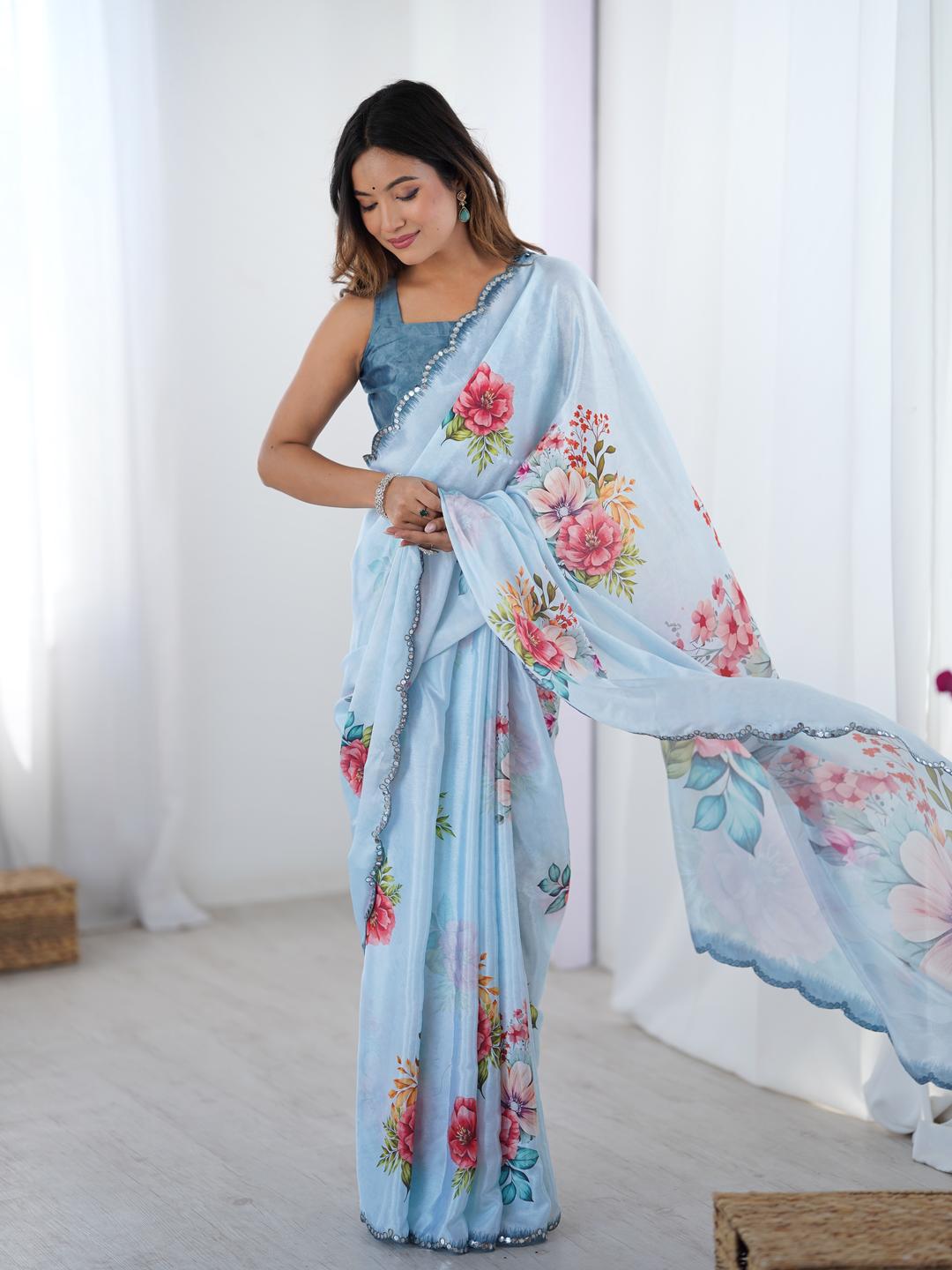 Urban Pallu Floral Sequinned Silk Blend Saree