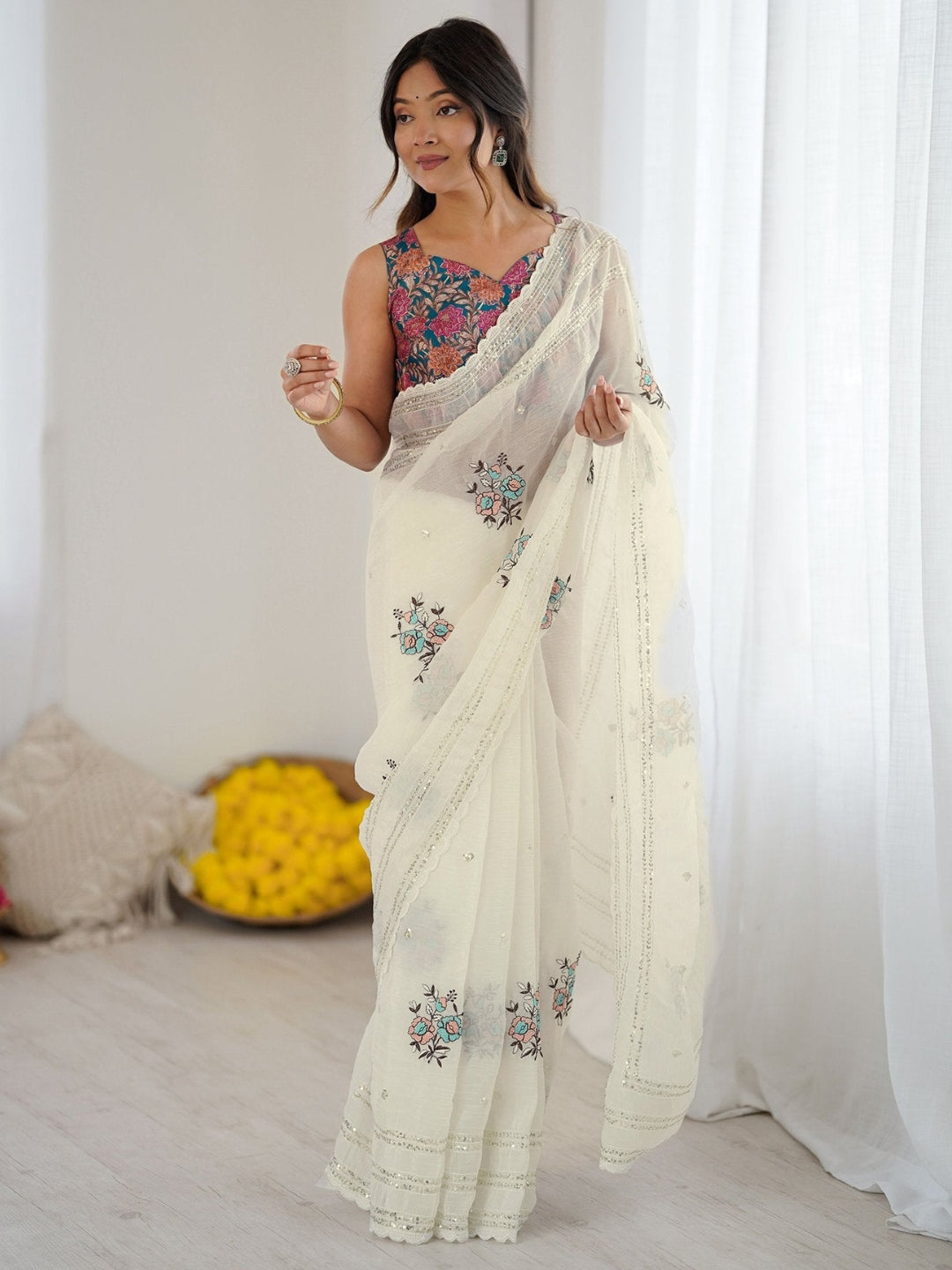 Urban Pallu Embroidered Silk Blend Festive Saree