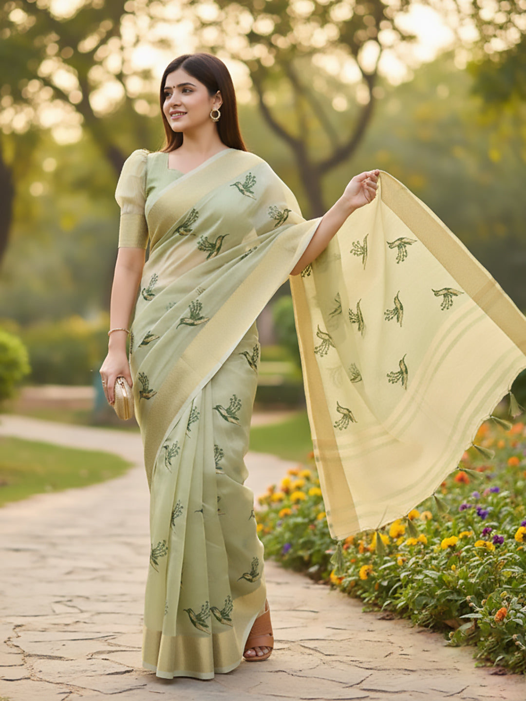Urban Pallu Floral Sequinned Silk Blend Fusion Saree