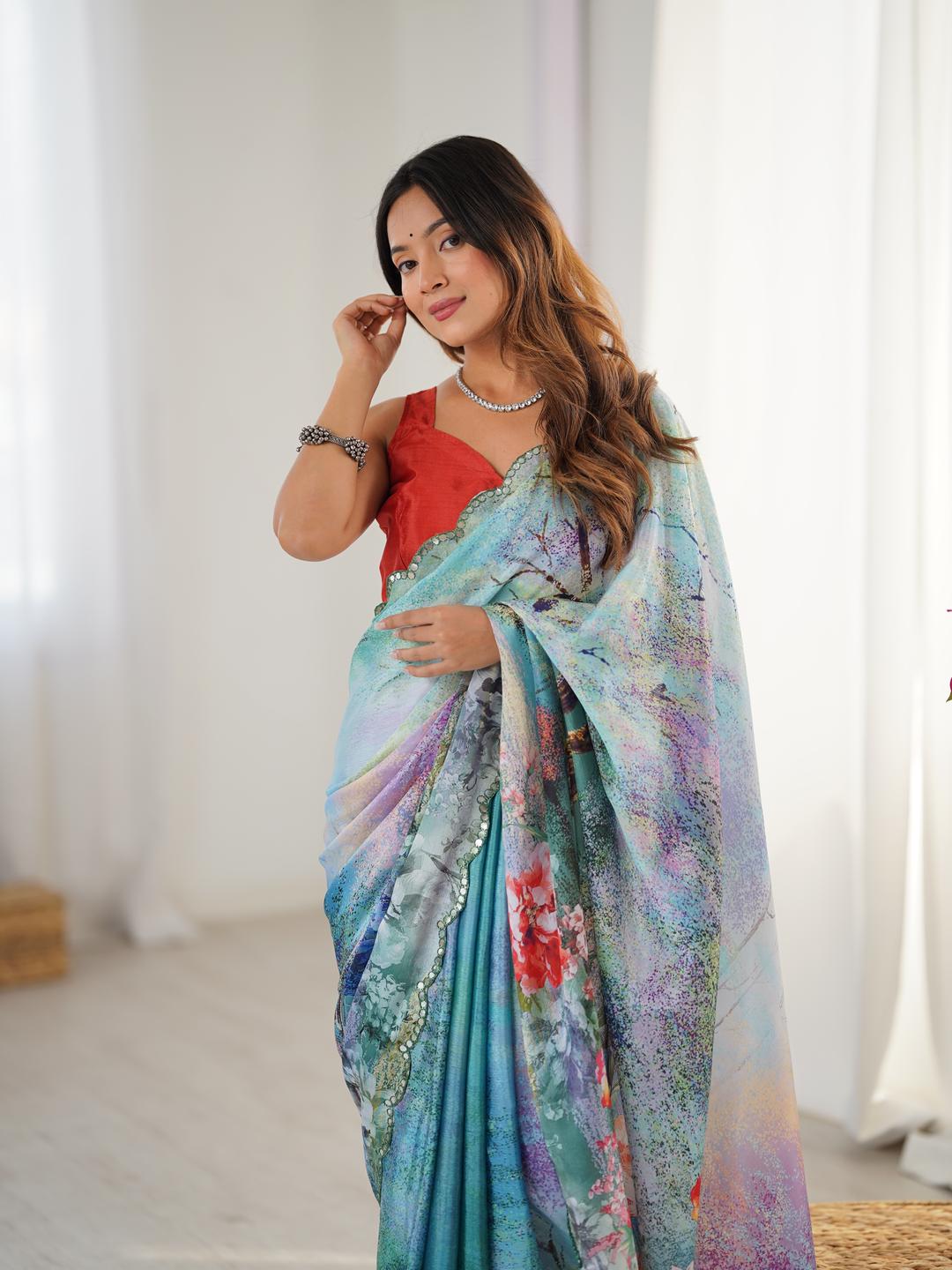 Urban Pallu Floral Sequinned Silk Blend Saree